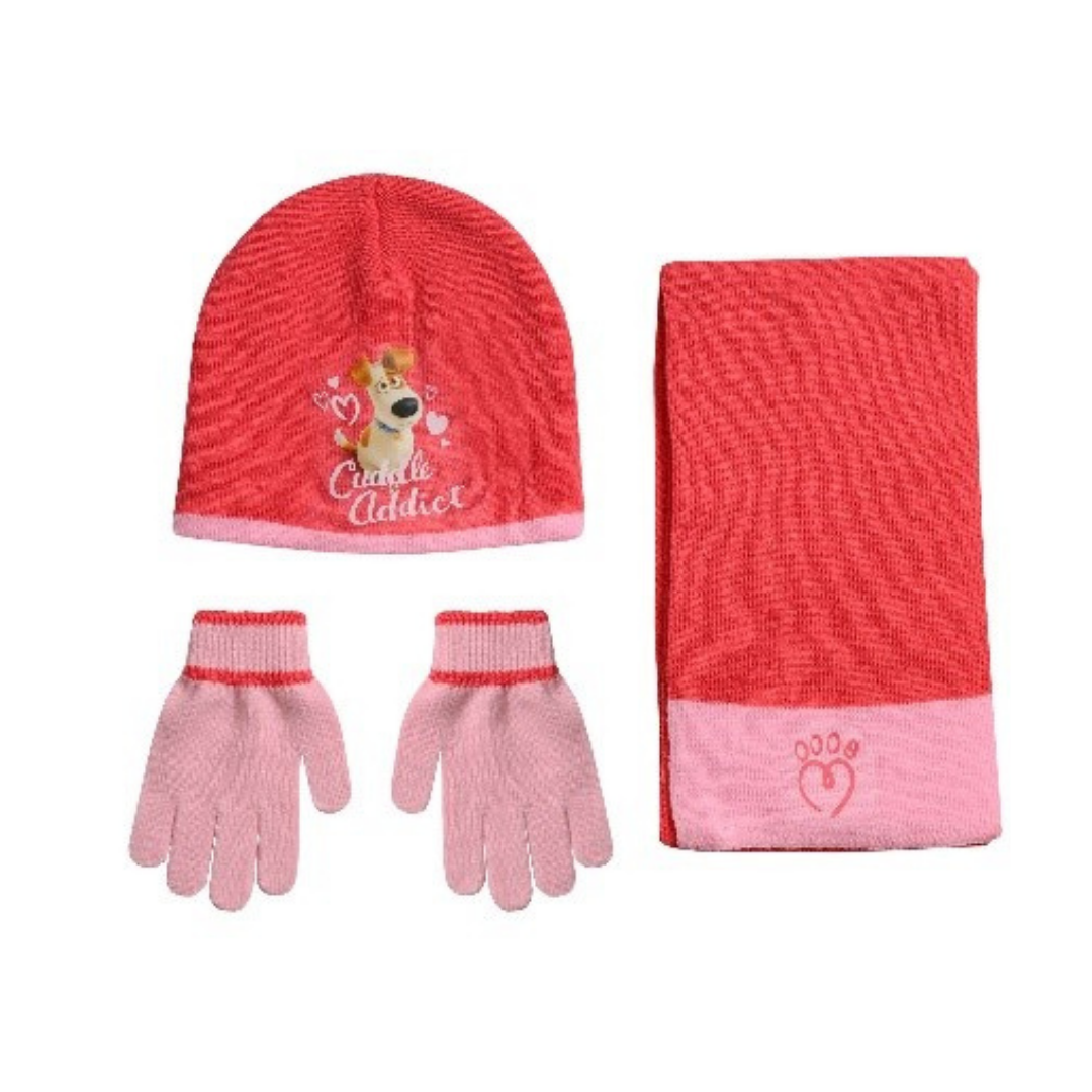 X - Børne hue, handsker og halstørklæde - 3-pak - Onesize - Lyserød / Kæledyrenes hemmelige liv