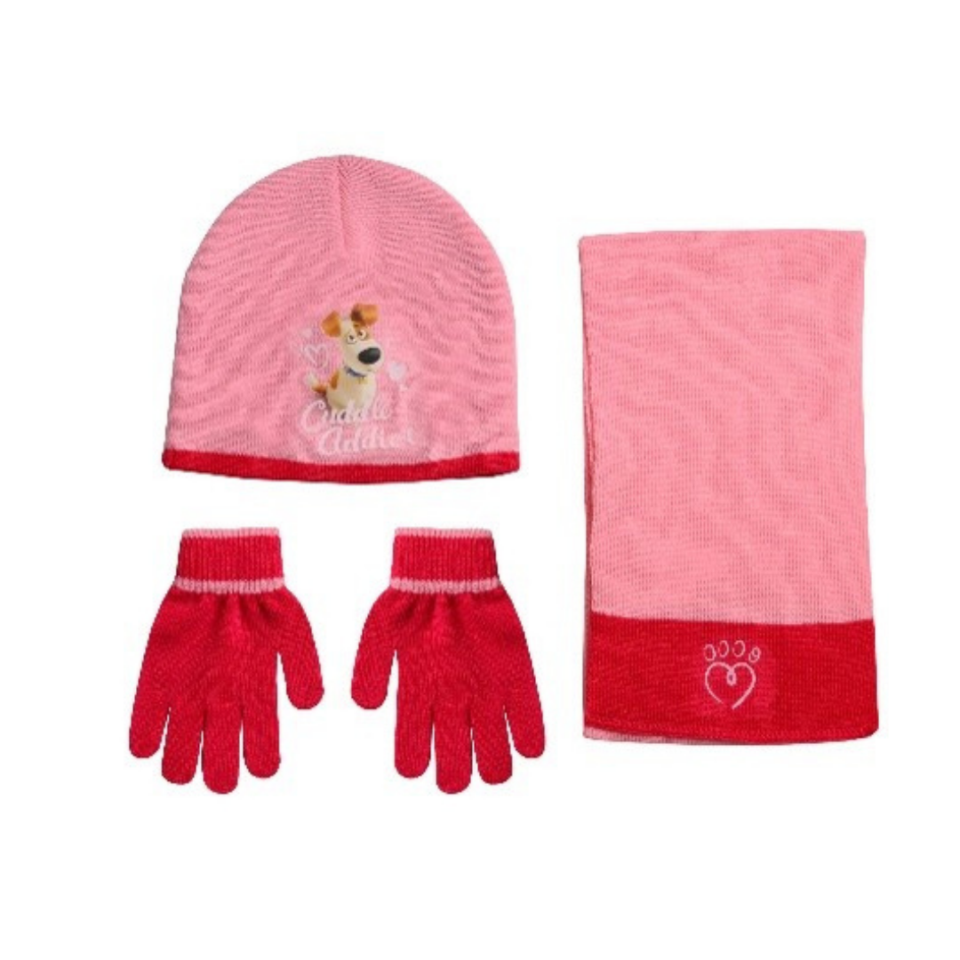 X - Børne hue, handsker og halstørklæde - 3-pak - Onesize - Lyserød / Kæledyrenes hemmelige liv
