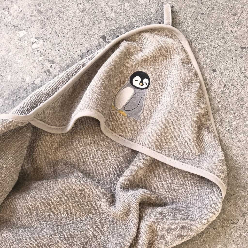 Petu Petu - Gråligt håndklæde med hætte til børn - Bomuld - Pingvin