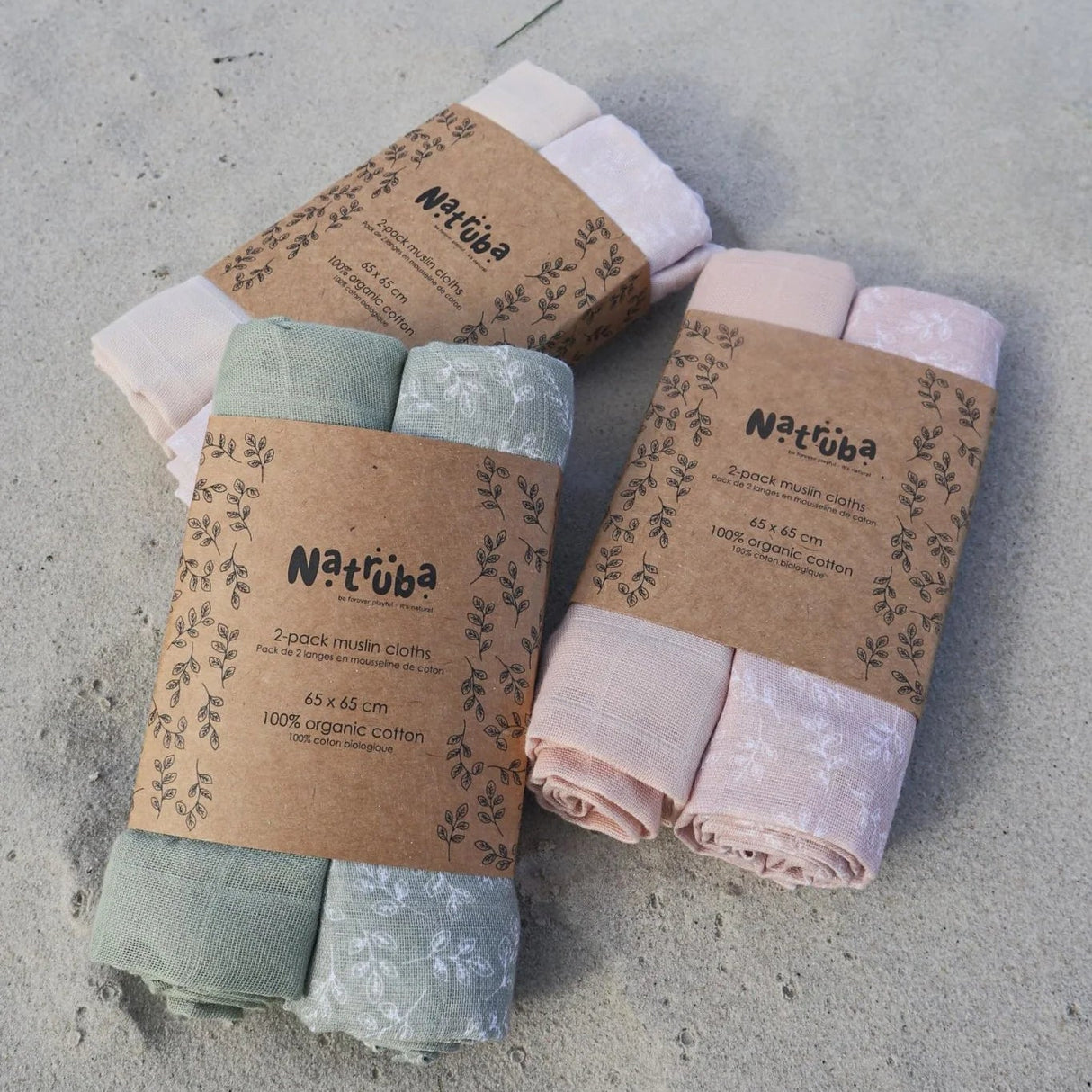 Natruba - 2-pak stofbleer - 100% økologisk bomuldsmusselin - 65x65 cm - Grøn